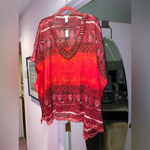 NWT!! Chico’s Size L/XL Women’s Red Poncho/Blouse w Beaded Neckline♥️🧡